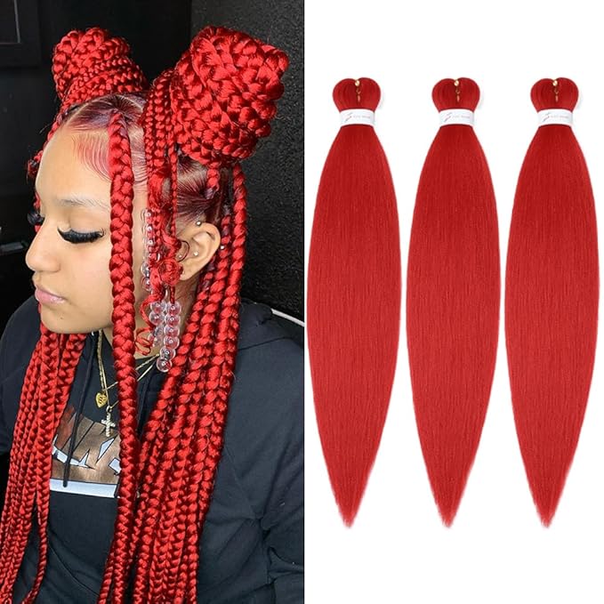Umylar Red Braiding Hair Extensions 16 Inch Pre stretched Braiding Hair Hot Water Setting Synthetic Braiding Hair Pre Stretched Crochet Braids Hair(16 Inch,3 Packs,Red#）