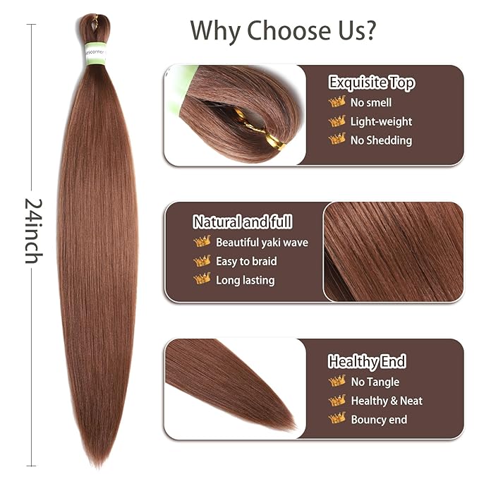 Pre Stretched Braiding Hair With Yaki Texture, Professional Hair Extension for Corochet Braid (30#, 24Inch (Pack of 8))