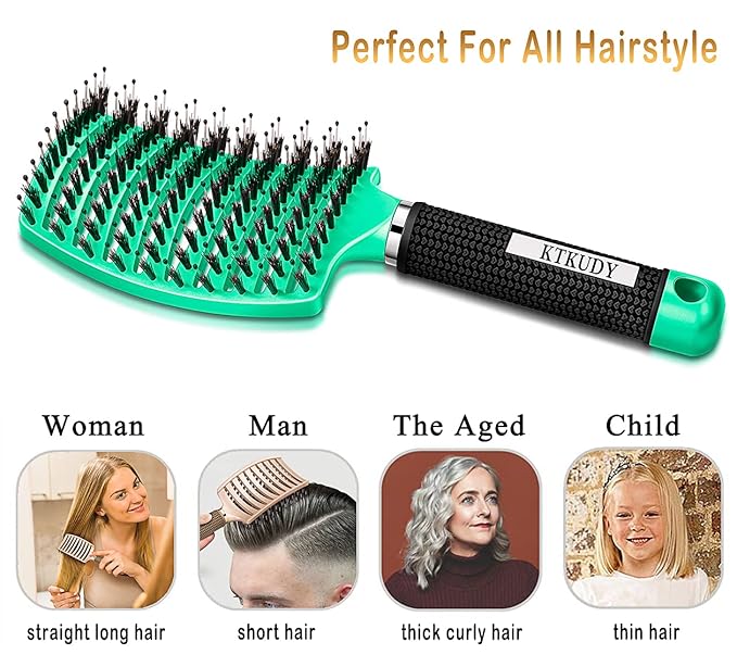 KTKUDY Detangling Brush Boar Bristles Hairbrush Make Hair Shiny & Healthier Curved and Vented Detangler Brush for Women Men Kids Wet & Dry Hair (Light green)
