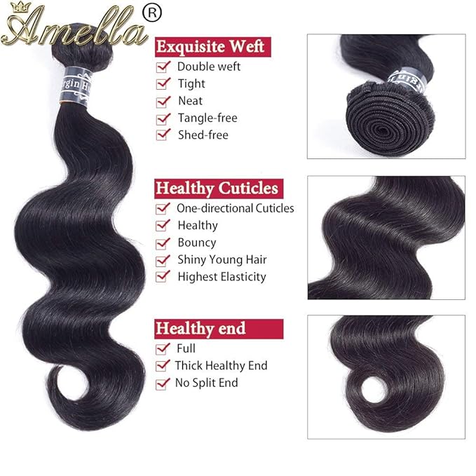 Amella Hair Brazilian Body Wave Hair 3 Bundles with T-Part Lace Closure Middle Part (16 18 20+16Closure)100% Unprocessed Virgin Brazilian Body Wave Human Hair 3 Bundles with Closure Natural Black Color