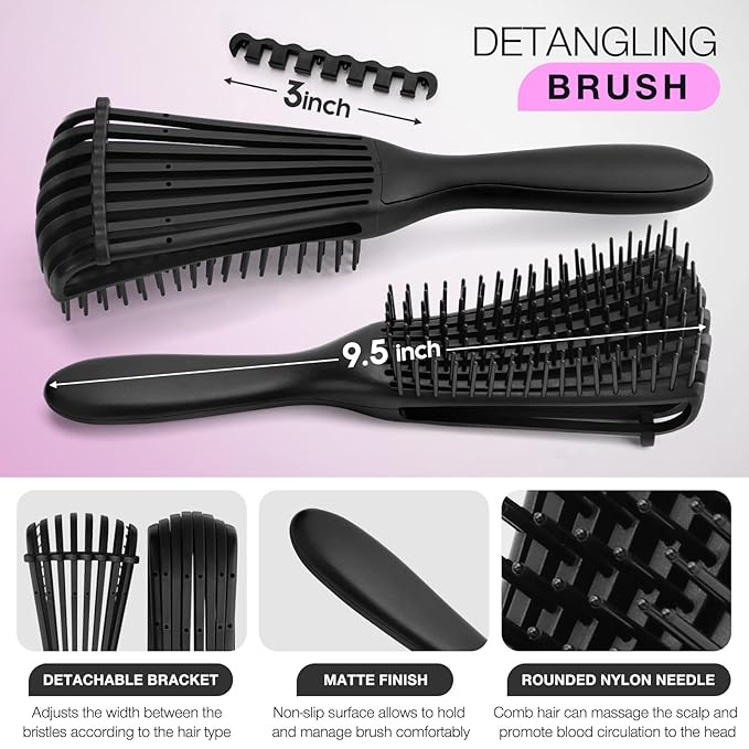 Hommtina Detangling Brush Set with Curly Hair Spray bottle, Bottle Brush Set for Women and Kids Curly Hair (3 PCS, Black+Purple)