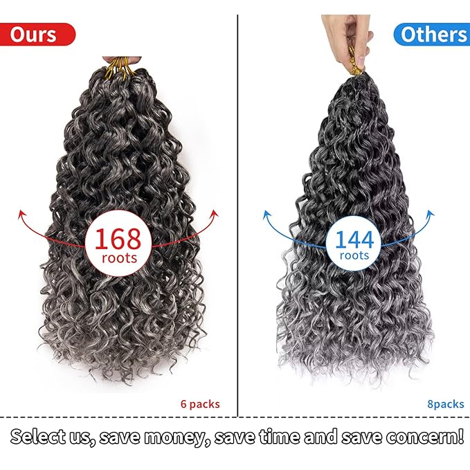 6 Packs Curly Crochet Hair for Women 18 Inch GoGo Curl Crochet Hair Water Wave Synthetic Hair Extensions (18 inch(Pack of 6), T1B/Grey)