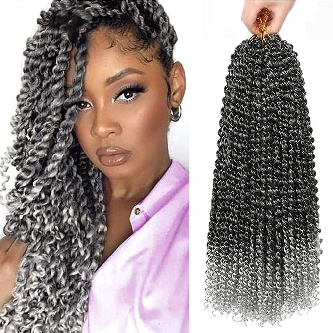 Ubeleco Passion Twist Hair,18 Inch Water Wave Crochet Hair Ombre Silver Passion Twist Crochet Hair for Women 6 Packs Long Bohemian Synthetic Curly Braiding Hair Extensions(6pcs,1B/Gray)