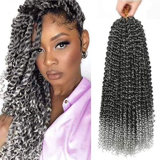 Ubeleco Passion Twist Hair,18 Inch Water Wave Crochet Hair Ombre Silver Passion Twist Crochet Hair for Women 6 Packs Long Bohemian Synthetic Curly Braiding Hair Extensions(6pcs,1B/Gray)