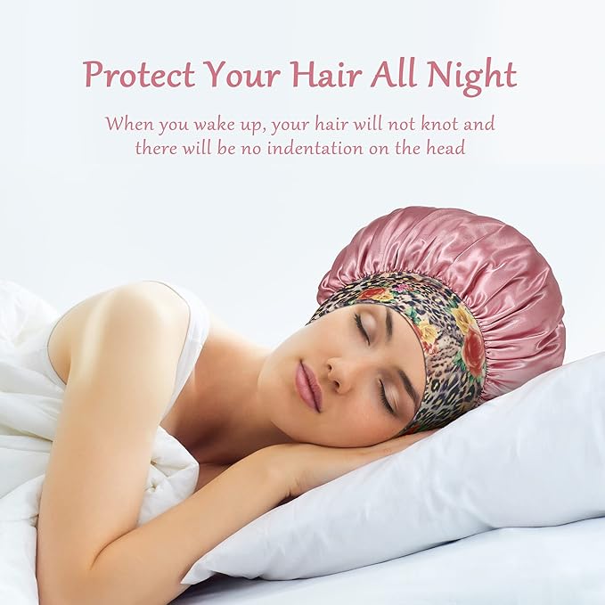 3 Pack Satin Bonnet Silk Hair Bonnet for Sleeping, Sleep Bonnets for Women Large Wide Soft Band Sleep Cap for Curly Hair Braids