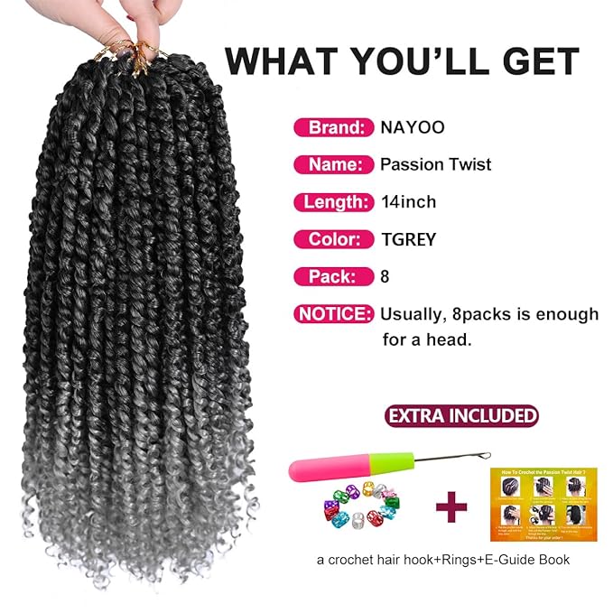 NAYOO Passion Twist Hair - 8 Packs 14 Inch Passion Twist Crochet Hair For Women, Crochet Pretwisted Curly Hair Passion Twists Synthetic Braiding Hair Extensions(14 Inch 8 Packs, TGREY)