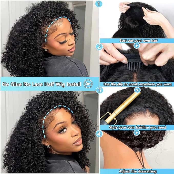 Wear Go Kinky Curly Half Wig Human Hair 18 Inch Glueless Wigs Human Hair 200% Density 3 In 1 Half Wigs for Black Women Curly Seamless Flip Wig Invisible Hairline Beginner Friendly