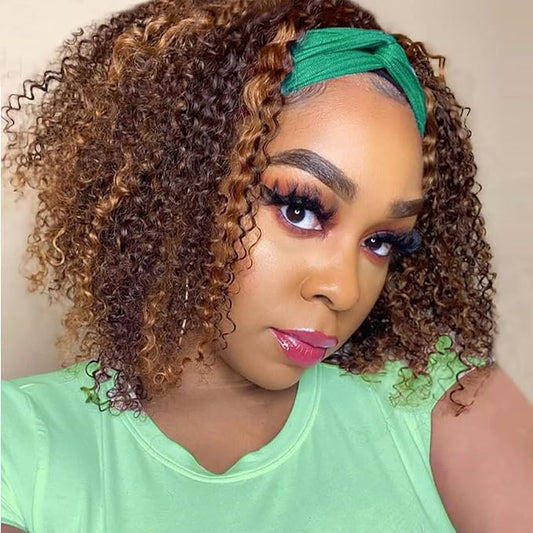 Ombre Highlight Headband Wig Human Hair #4/27 Colored Kinky Curly Headband Wig for Black Women Glueless None Lace Front Human Hair Wigs Brazilian Virgin Hair Wear and Go Wigs 150% Density 12 Inch