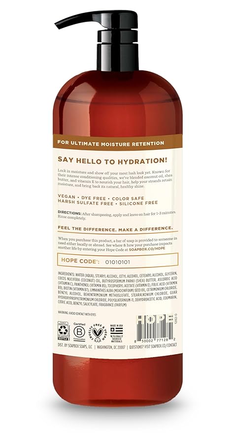 Soapbox Coconut Oil Conditioner, Sulfate & Paraben Free, Silicone Free, Color Safe, and Vegan Hair Conditioner (33.8 Ounces)