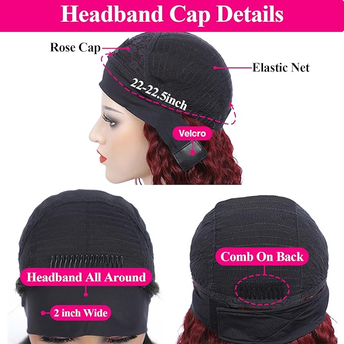 Aiterina Headband Wig deep wave human hair wigs for Black Women Brazilian Remy Hair Glueless Non Lace Front Wig 150% Density (10 inch, 99J)