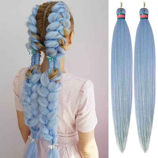 Baby Blue mix Tinsel Pre stretched Braiding Hair 2 Packs Pre feathered Braid Hair Extensions 30 Inches Hair Braids