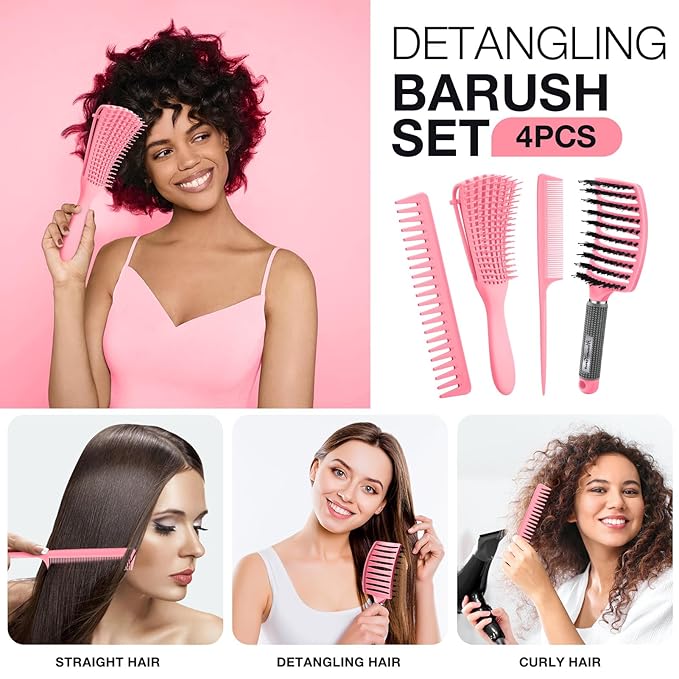 Hommtina 4Pcs Vented Brush Set for Thick/Wet/Dry/Wavy/Oil/Long Hair - Afro America/African Hair (4 PCS, Pink)