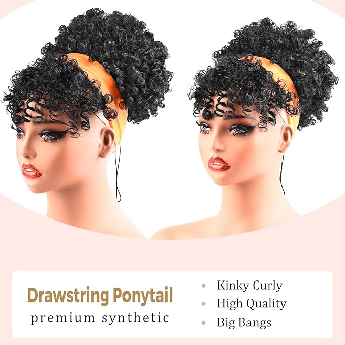 Drawstring Ponytail for Black Women, Afro Puff Kinky Curly Hair Ponytail Extension with Bangs Updo Natural Hair Ponytail