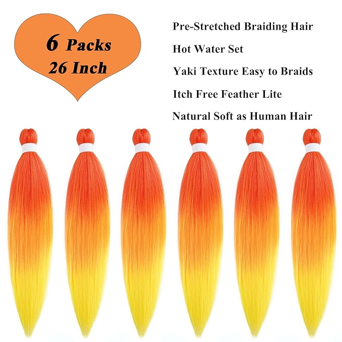Ombre Braiding Hair Pre Stretched Red Orange Yellow Braids Color Weave Pre Braided Hair for Crochet Braiding Synthetic Knotless Hypoallergenic Yaki Jumbo Box Braids Extensions