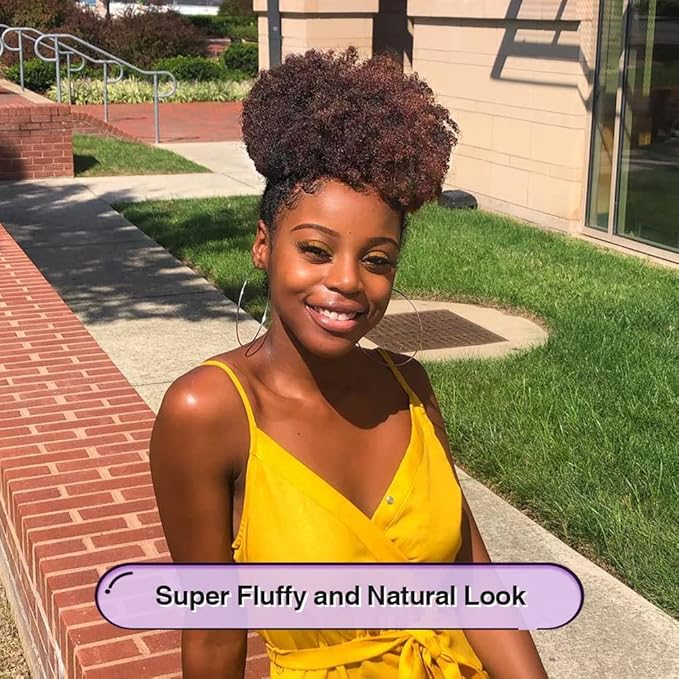 YEAME Afro Puff Drawstring Ponytail for Black Women, Short Kinky Curly Afro Ponytail Synthetic Hair Puffs, Premium Ombre Burgundy Afro Bun Drawstring Ponytail for Women Girls (1T99J Ombre Burgundy)