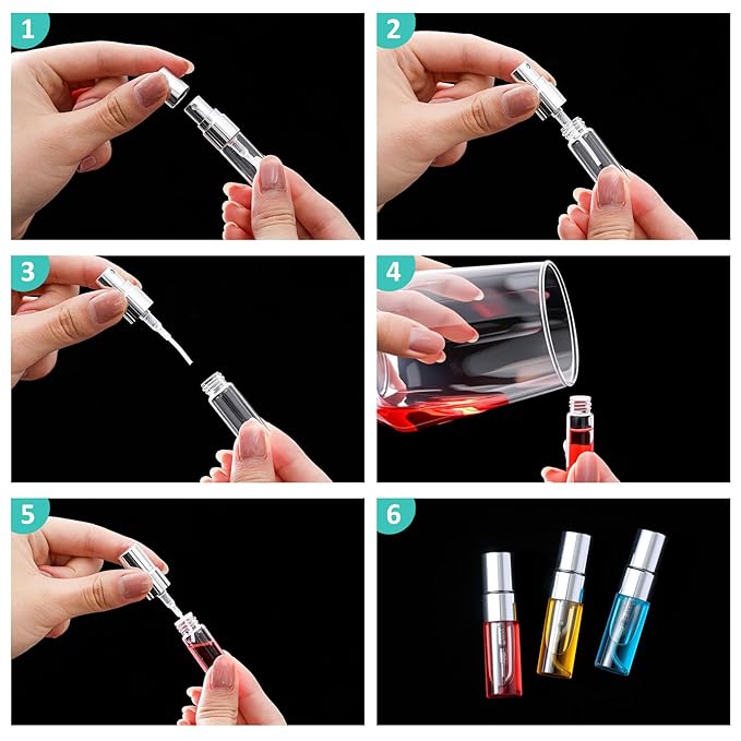 Zhehao 50 Pcs Mini Spray Bottles 3 ml Clear Glass Perfume Bottles Refillable Fine Mist Perfume Atomizer Portable Empty Sample Containers for Cleaning, Essential Oils, Travel (Silver Cap)