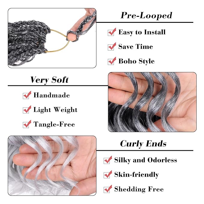 Leeven 14 Inch Pre Looped Curly Crochet Hair 8 Packs Ombre Gray Boho Ocean Wave Crochet Hair Short Ocean Braids Deep Wavy Synthetic Hair for Women