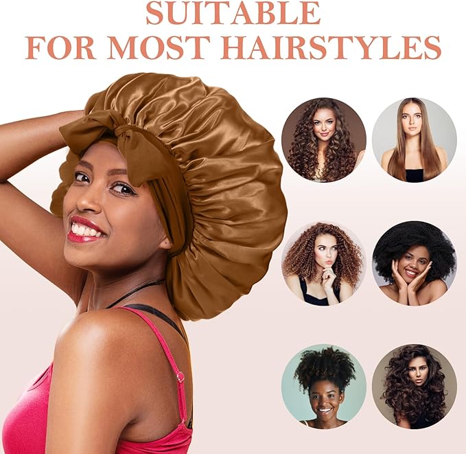 3Pcs Bonnets for Sleeping, Extra Satin Silk Bonnet for Sleeping Women with Tie Band for Curly Hair Jumbo Bonnet Braids