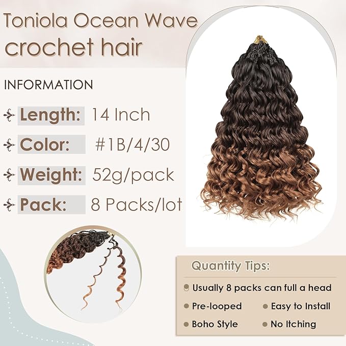 14 Inch 8 Packs Pre Looped Ocean Wave Crochet Hair Boho Ocean Deep Water Wave Beach Curl Braiding Hair Pre Twisted Synthetic Short Wavy Curly Crochet Hair for Women(14inch 1B/4/30)