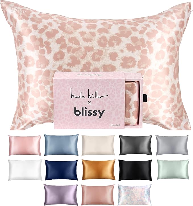Blissy Silk Pillowcase - 100% Pure Mulberry Silk - 22 Momme 6A High-Grade Fibers - Silk Pillow Cover for Hair & Skin - Regular, Queen & King (Nicole Miller - Mauve Cheetah, Standard)
