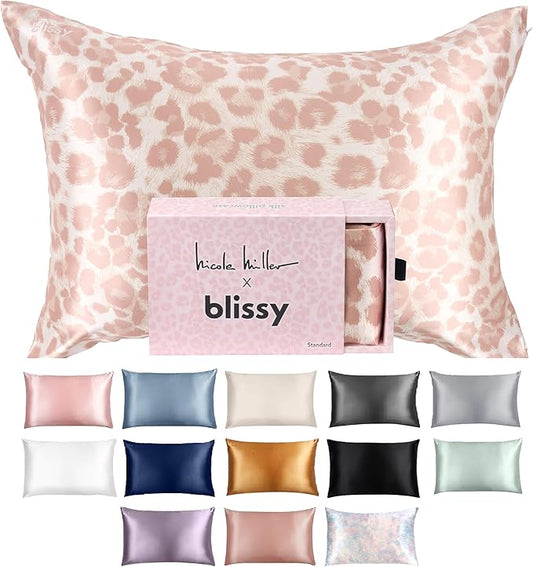 Blissy Silk Pillowcase - 100% Pure Mulberry Silk - 22 Momme 6A High-Grade Fibers - Silk Pillow Cover for Hair & Skin - Regular, Queen & King (Nicole Miller - Mauve Cheetah, Standard)