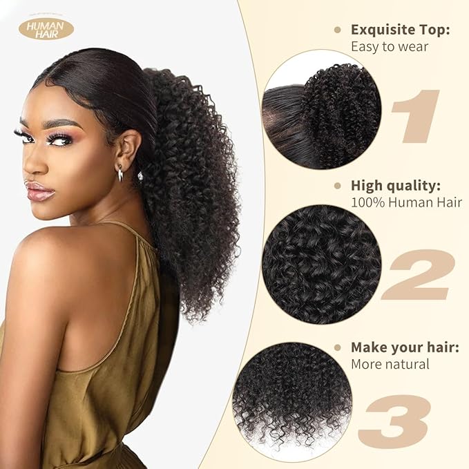 isheeny Kinky Curly Ponytail for Black Women, Human Hair Drawstring Extension 16Inch Protective Style for 4A 4B 4C Hair