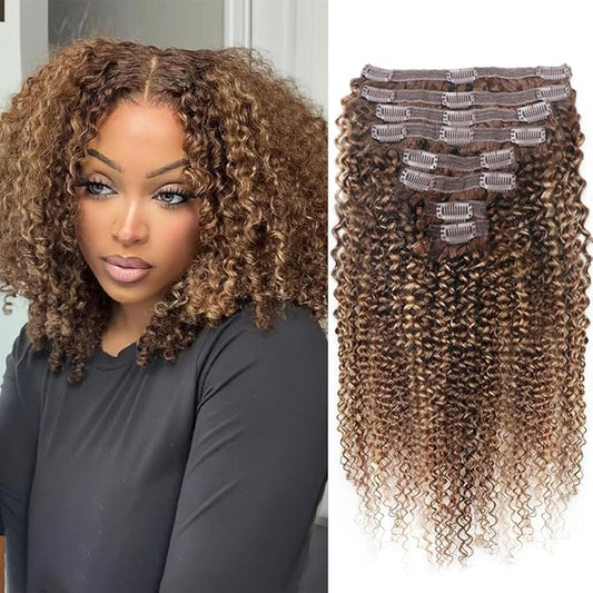 Curly Clip In Hair Extensions Real Human Hair Clip Ins Balayage Chocolate Brown to Caramel Blonde Human Hair Extensions 8Pcs with18clips 120g/Set (16 inch，#4/27/4)