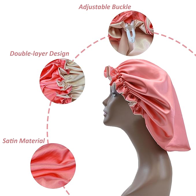 Silk Bonnet for Sleeping Satin Bonnets Double Layer Reversible Hair Cap Bonnet for Women Long Curly Braid Hair (Coral)