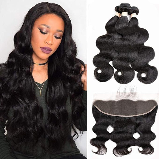 Body Wave Bundles with Frontal Human Hair Bundles with Lace Frontal (24 26 28+20, Natural Black) Brazilian Body Wave Hair Virgin Hair Ear to Ear 13x4 Frontal with 3 Bundles