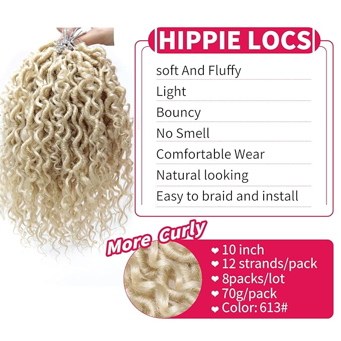 Goddess Locs Crochet Hair 10Inch 8Packs Pre-looped Short River Locs Curly Faux locs Crochet Hair Hippie Locs Bohemian Locs Crochet Braids (613, 10inch(Pack of 8))