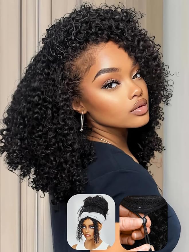 Julia Hair Afro Kinky Curly Half Wigs Human Hair 4C Blend Edges Hairline with Drawstring 3 In 1 Flip Over Clip in Glueless Beginner Friendly Headband Curly 3/4 Half Wig for Women 18 Inch
