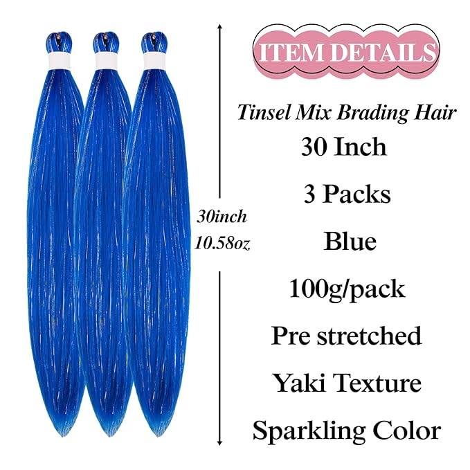 Tinsel Braiding Hair Pre stretched Blue Braiding Hair for Glitter Braids Festival Braids