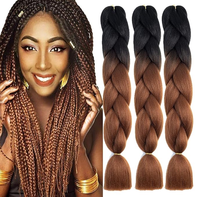 Xiaofeng Braiding Hair Extensions for Women 6 Packs 100g/Pack 24Inch High Temperature Ombre Jumbo Synthetic Braiding Hair for Twist Crochet Braids (24 Inch, black-deep brown)