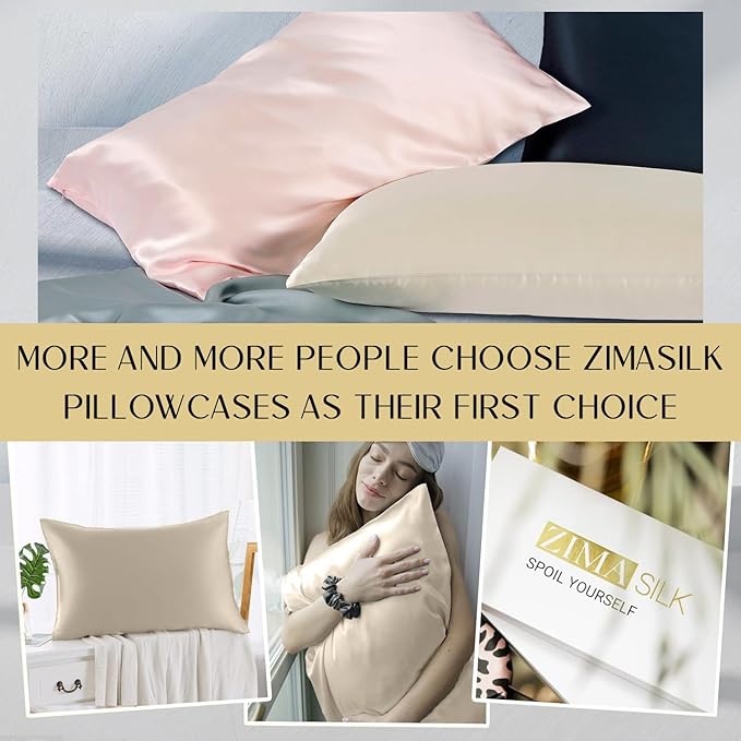 ZIMASILK 100% Pure Mulberry Silk Pillowcase 2 Pack, Soft and Smooth,Both Sides Premium Grade 6A Silk,600 Thread Count,with Hidden Zipper for Men and Women Family (Standard 20"x26", Beige)