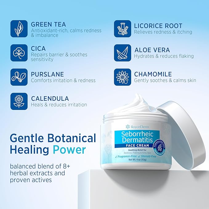 Roycederm Seborrheic Dermatitis & Psoriasis Face Cream – Steroid-Free Moisturizer for Redness, Flaking & Sensitive Skin – Face, Scalp & Body Daily Relief – Fragrance-Free, Non-Greasy, 4 oz