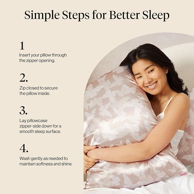 Kitsch Satin Pillowcase with Zipper for Hair & Skin, Softer Than Silk Pillow Cases Queen, Wrinkle-Free, Smooth and Cooling Satin Pillow Covers, Standard Size 19"x26", Champagne Butterfly