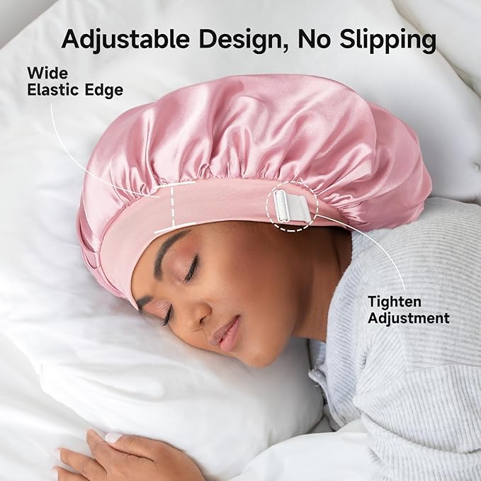 22 Momme 100% Real Mulberry Silk Bonnet for Sleeping Women, Large Hair Care Bonnet for Long Curly Hair, Double Layer Silk Hair Wrap with Soft Elastic Band, Non-Slip Sleep Cap, Light Pink