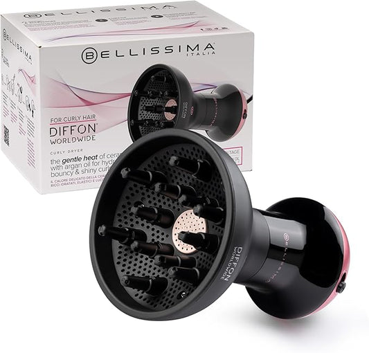 Bellissima Diffon Worldwide Diffuser Hair Dryer for Curly Hair - Dual Voltage 2-in-1 Blow Dryer with Diffuser - Reduces Frizz, Defines Curls, Volumizes - Lightweight, Easy Hold Handle