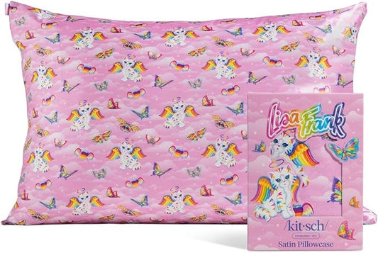 Kitsch x Lisa Frank Satin Pillowcase with Zipper for Hair & Skin, Softer Than Silk Pillow Cases Queen, Wrinkle-Free, Smooth and Cooling Satin Pillow Covers Standard/Queen Size 19x26 - Angel Kitty