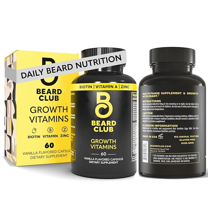 The Beard Club - Biotin Beard Growth Vitamins - Support A Thicker Fuller Beard, Fill in Patches - Minerals & Multi-Vitamins Help Support and Stimulate Healthier Facial Hair Growth