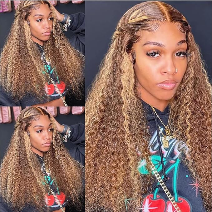 Chesma Honey Blonde 4/27 Ombre Lace Front Wig Human Hair 13x4 HD Highlight Deep Wave Lace Frontal Wigs Glueless Wigs 180 Density(22 Inch)