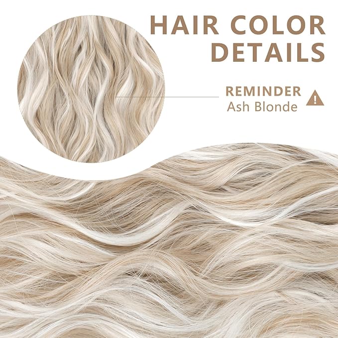 ALXNAN Clip in Long Wavy Synthetic Hair Extension 20 Inch Ash Blonde Mix Highlights 4PCS Thick Hairpieces Fiber Double Weft Hair for Women