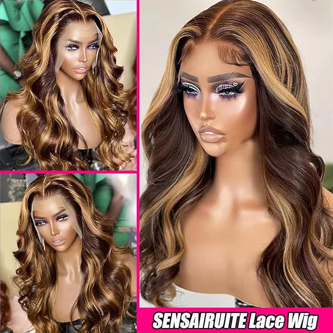 SENSAIRUITE Highlight Ombre Lace Front Wigs Human Hair Pre Plucked 180% Density 13x4 Body Wave Frontal Wigs Human Hair for Black Women 18 Inches