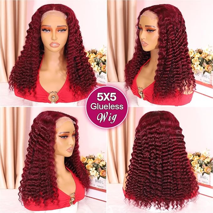 Curly Bob Wig Human Hair Deep Wave 200% Density 5x5 HD Lace Closure Wigs Human Hair Bob Wigs For Black Women Wear And Go Glueless Curly Wig Burgundy Color 18 Inch