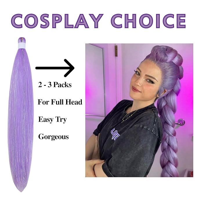 Tinsel Braiding Hair Pre stretched Lavender Purple Braiding Hair for Glitter Braids Festival Braids Cosplay