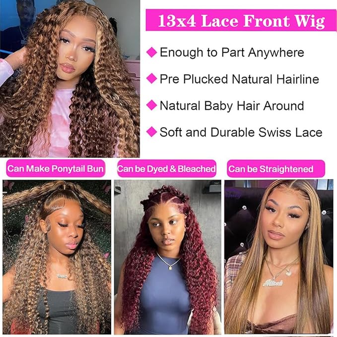 Highlight Ombre Lace Front Wig Human Hair 13x4 HD Honey Blonde 4/27 Deep Wave Lace Front Wigs Human Hair 250% Density Glueless Wigs Human Hair 30Inch