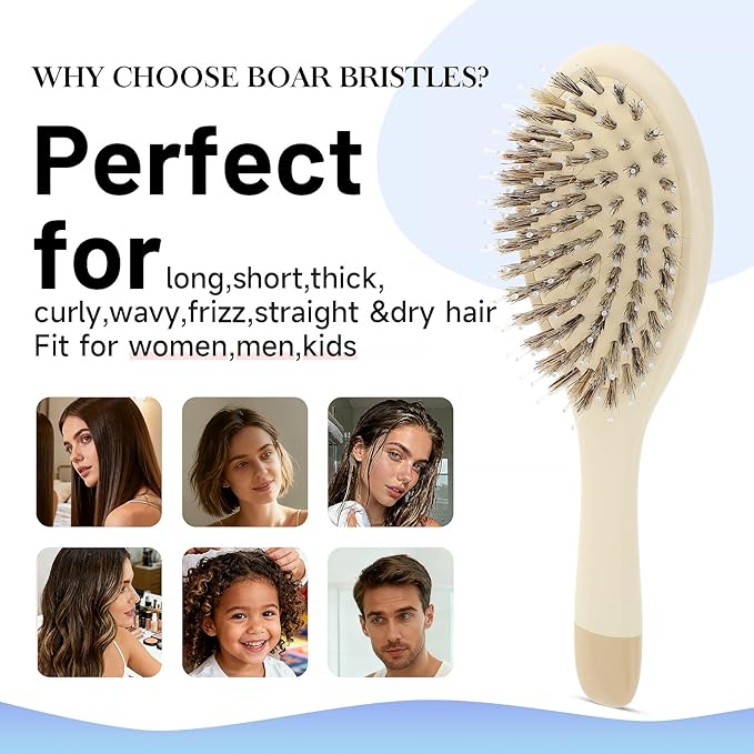 Boar Bristle Hair Brush -boar bristles + nylon pins， Smoothes & Detangles All Hair Types, Hairbrush for Women, Men & Kids, Distributes Oils for Natural Shine & Stimulates Scalp
