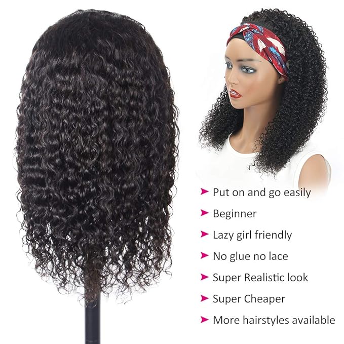 Eooma Curly Headband Wig Human Hair Wigs for Black Women (14 inch) Brazilian Curly None Lace Front Wigs Human Hair Scarf No Gel Gluelees Remy Hair Headband Wig