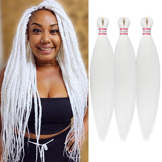 Dorsanee White Braiding Hair Pre Stretched 20 Inch 3 Packs Professional Easy Braiding Hair for Crochet Braids Twists Locs Hair Soft Yaki Texture Hot Water Setting Synthetic Hair Extensions