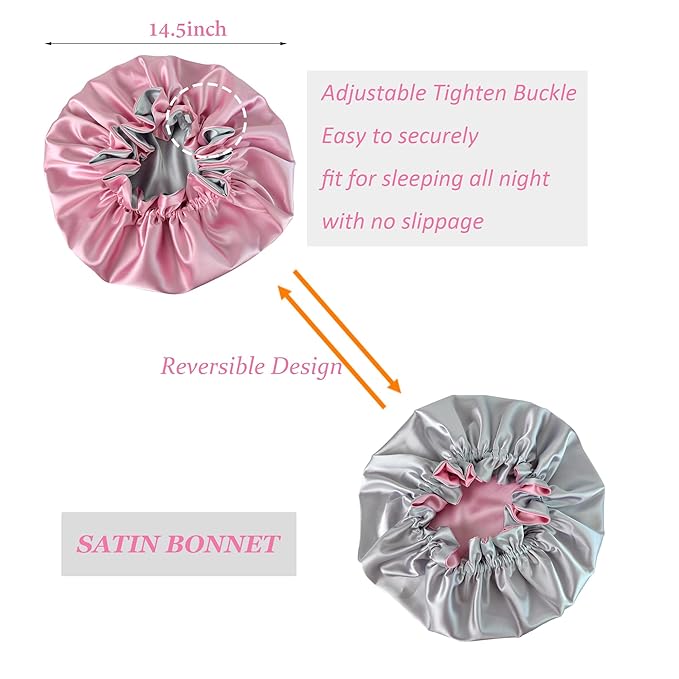 Silk Bonnet for Sleeping Satin Bonnets Double Layer Reversible Hair Cap Bonnet for Women Long Curly Braid Hair (Pink)